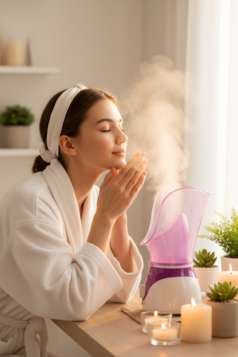 Femme utilisant le vaporisateur sauna facial lifestyle beauté