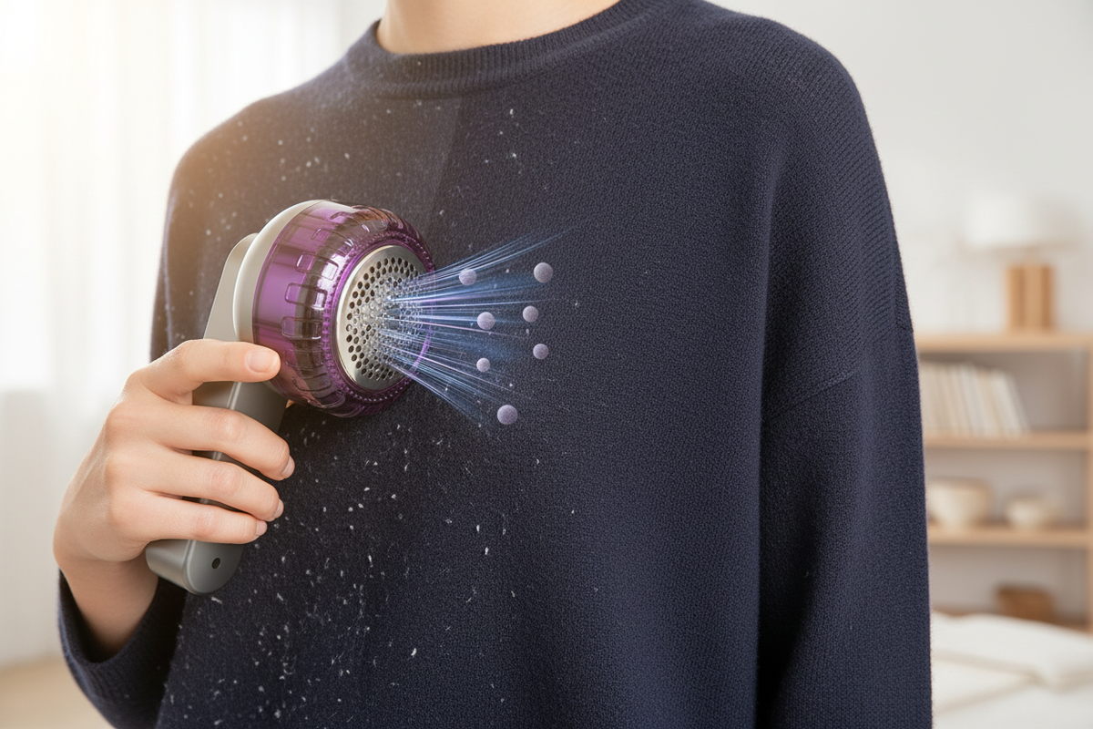 Brosse anti-peluche électrique - en utilisation sur tissu