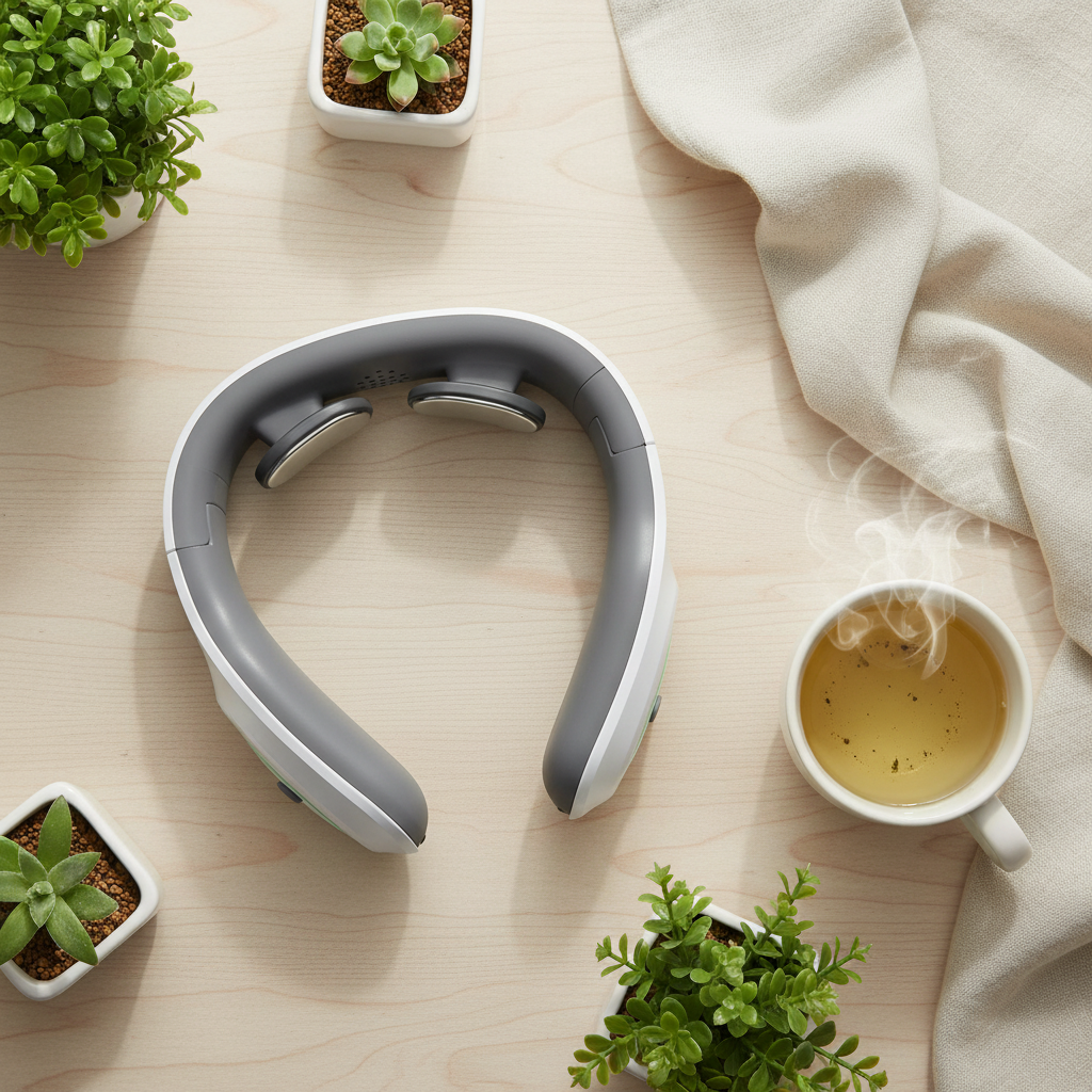Masseur chauffant cou et épaules flat lay ambiance spa
