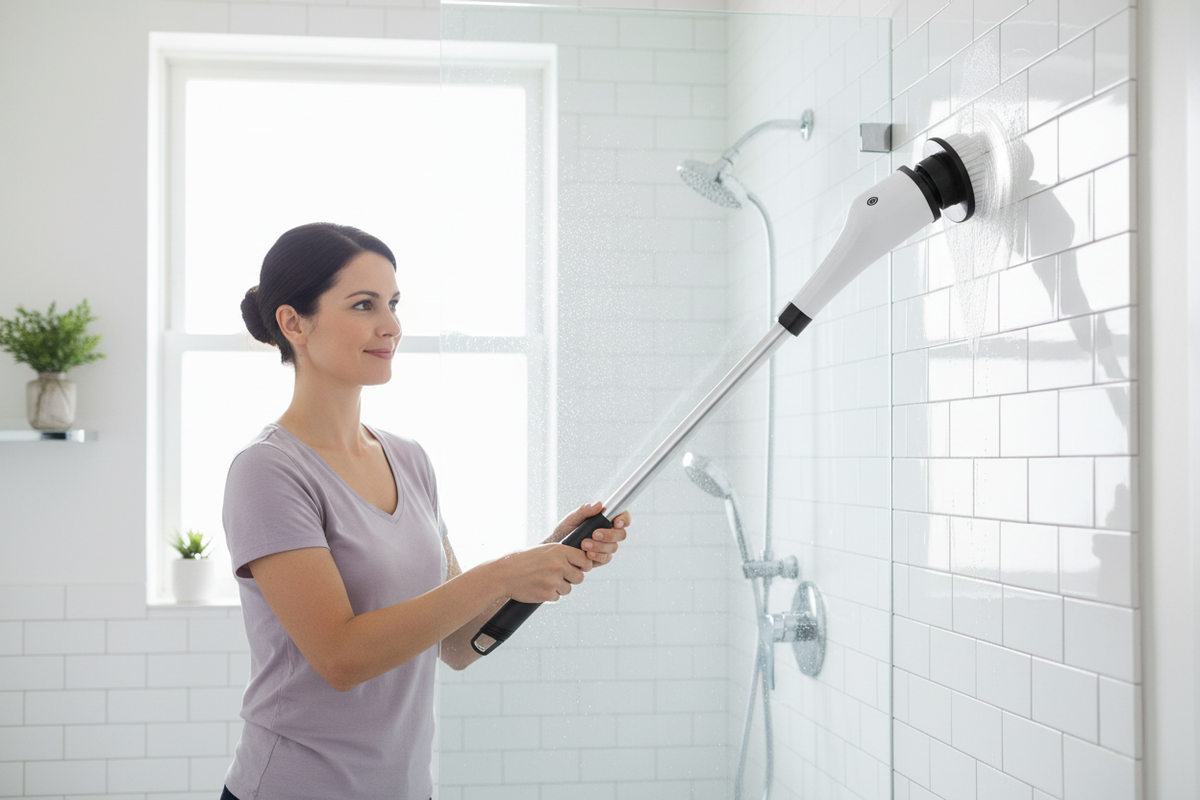 Brosse électrique 7-en-1 - en utilisation carrelage