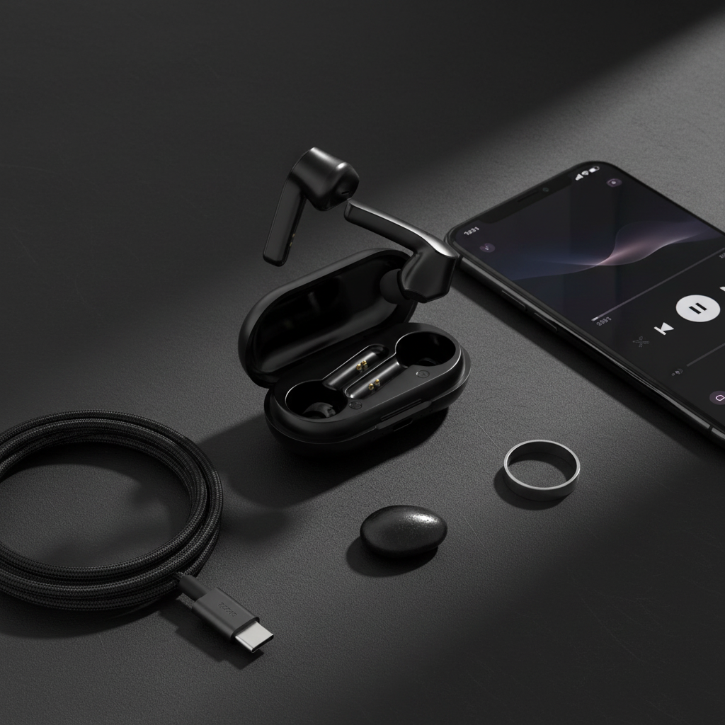 Écouteurs Bluetooth flat lay sombre