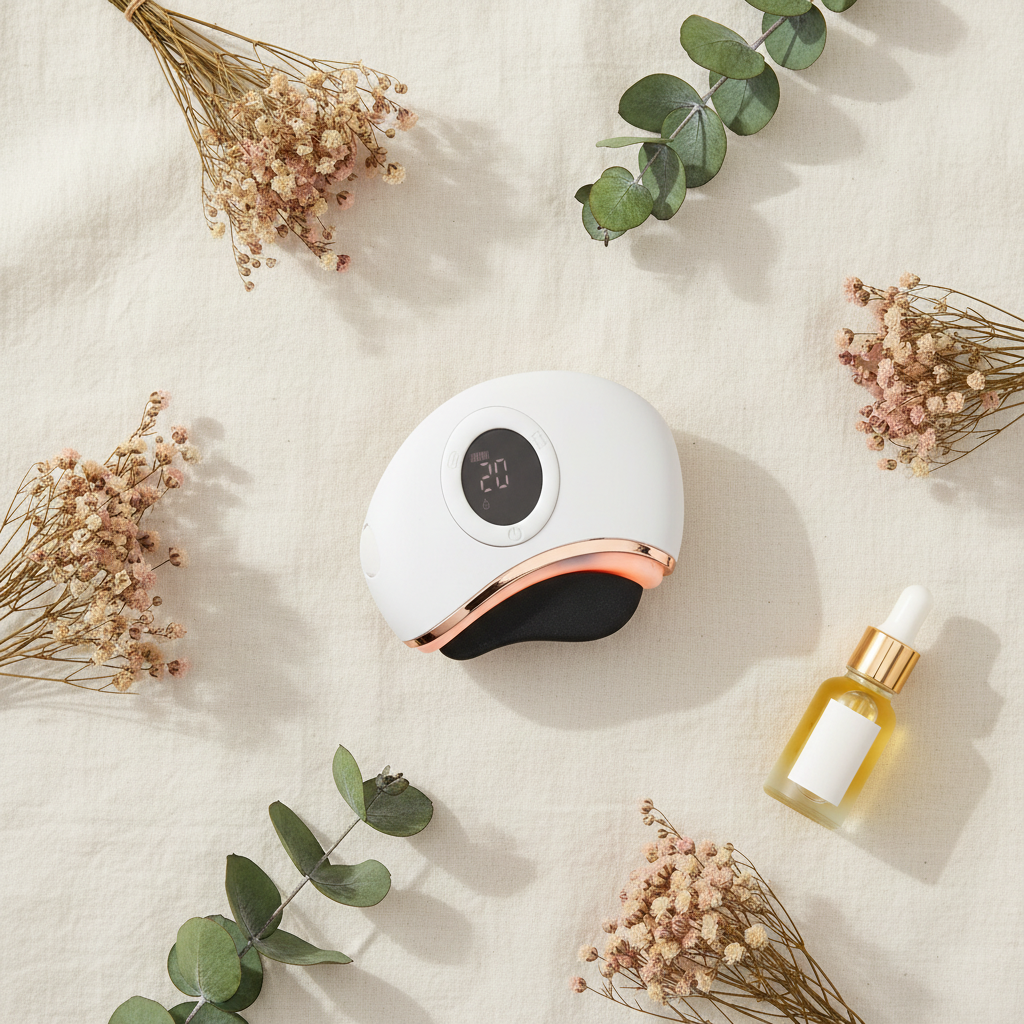 Masseur visage Gua Sha électrique - flat lay lin et eucalyptus