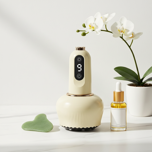Masseur Gua Sha électrique - flat lay marbre et soin