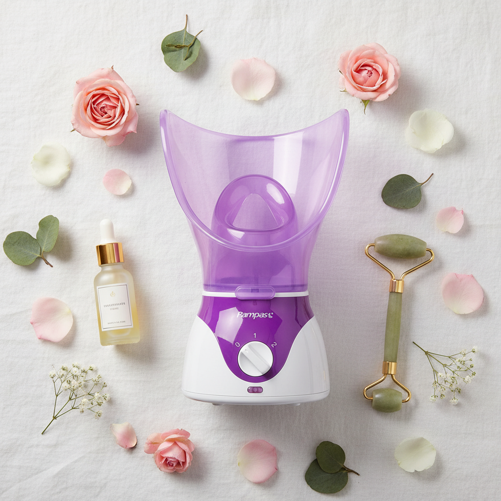 Flat lay vaporisateur sauna facial avec pétales de rose et jade roller