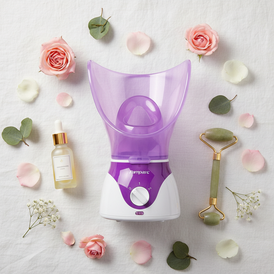 Flat lay vaporisateur sauna facial avec pétales de rose et jade roller