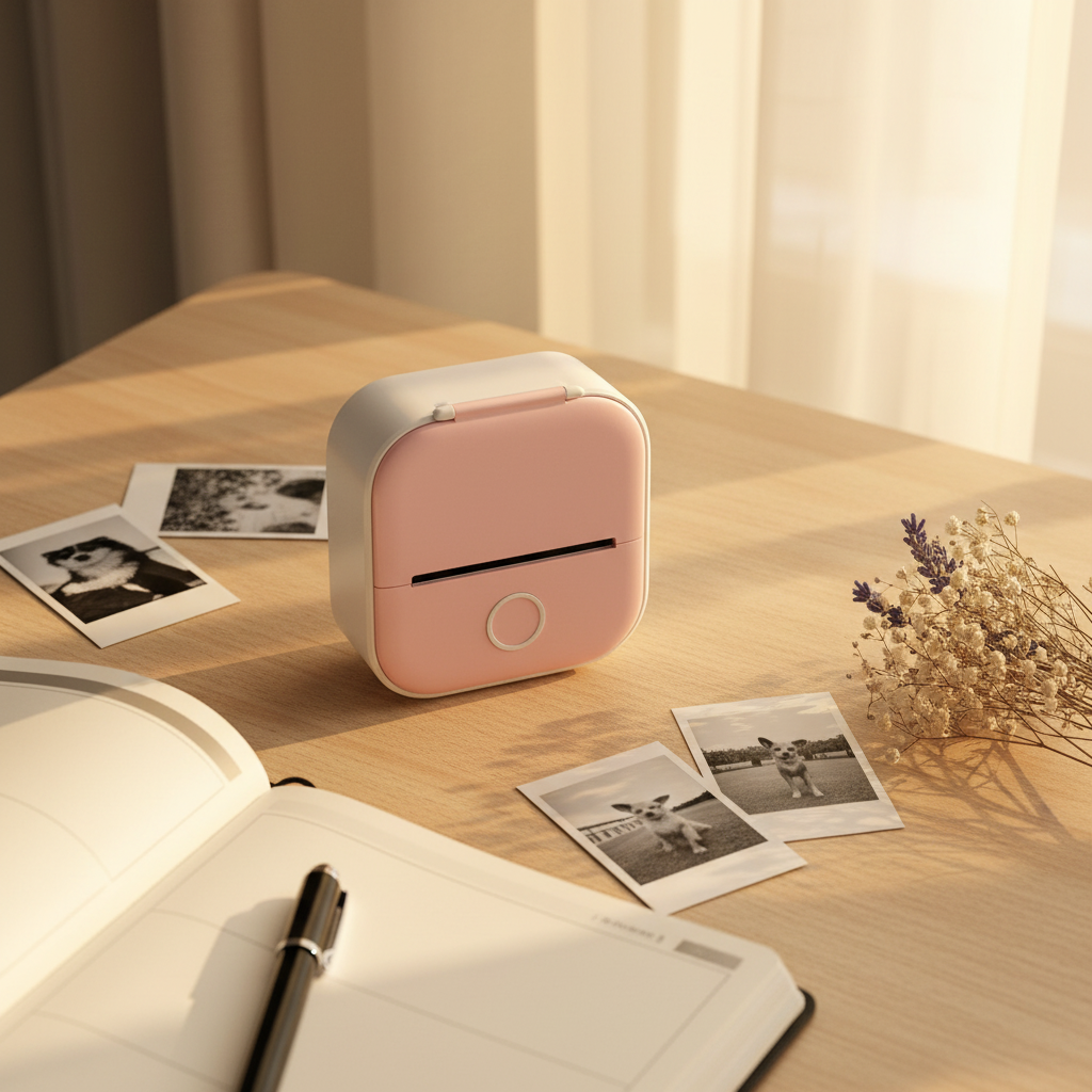 Mini imprimante bluetooth ambiance cosy bureau bois