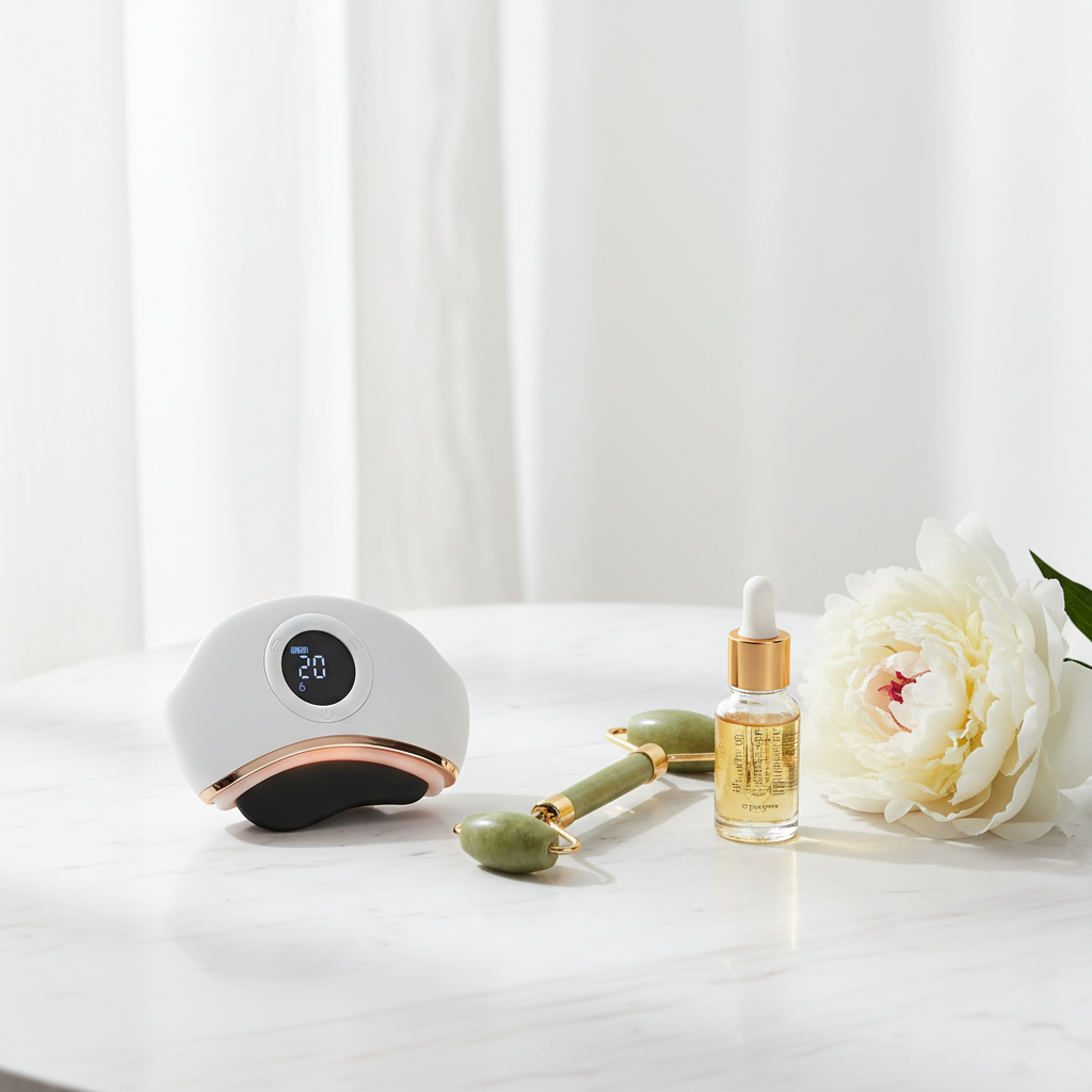 Masseur visage Gua Sha électrique - flat lay marbre et soin