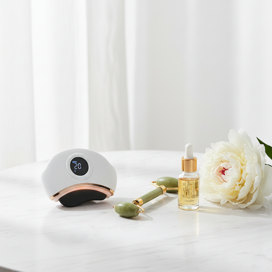 Masseur visage Gua Sha électrique - flat lay marbre et soin