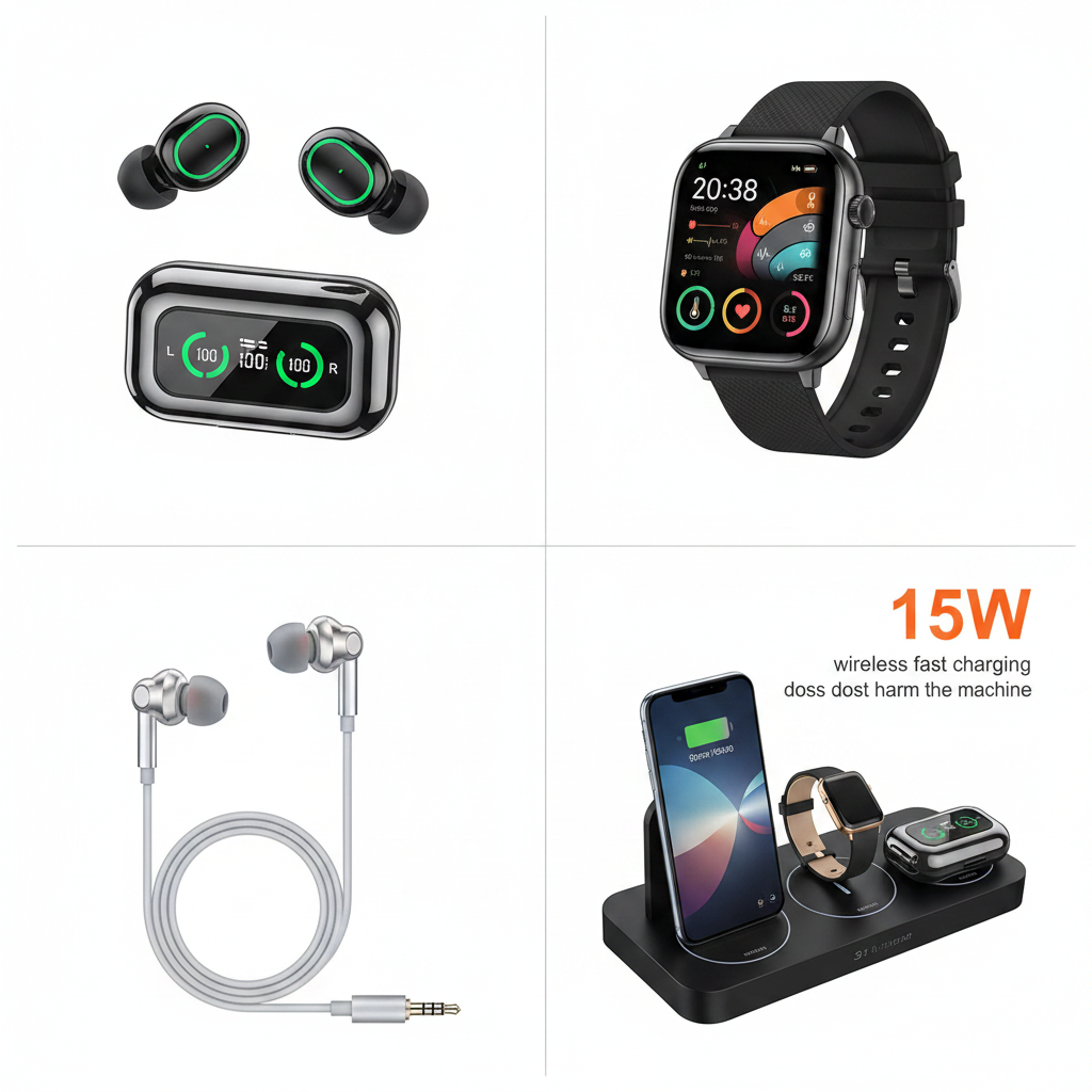 Pack Complet 4-en-1 Set1 - Écouteurs TWS + Montre + Écouteurs filaires + Station de charge 15W